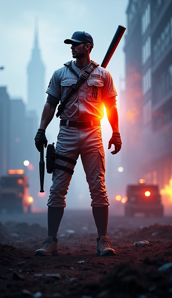one police man、Police officer dressed in red、Wear body armor and a police cap、Standing on a steppe、the night、Look up at the sky、shot from a far distance、There was a police car next to it