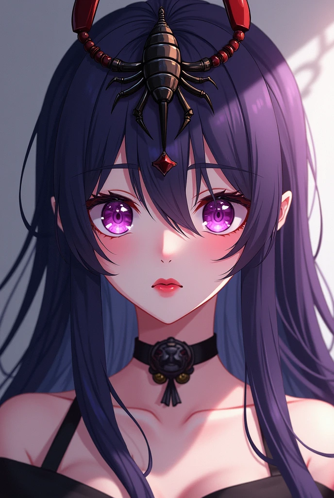  I created a female anime character with long dark purple hair,     with a scorpion xifer on her head    , A pretty face and looking seducing only the face wearing a cherry lipstick without showing cleavage 