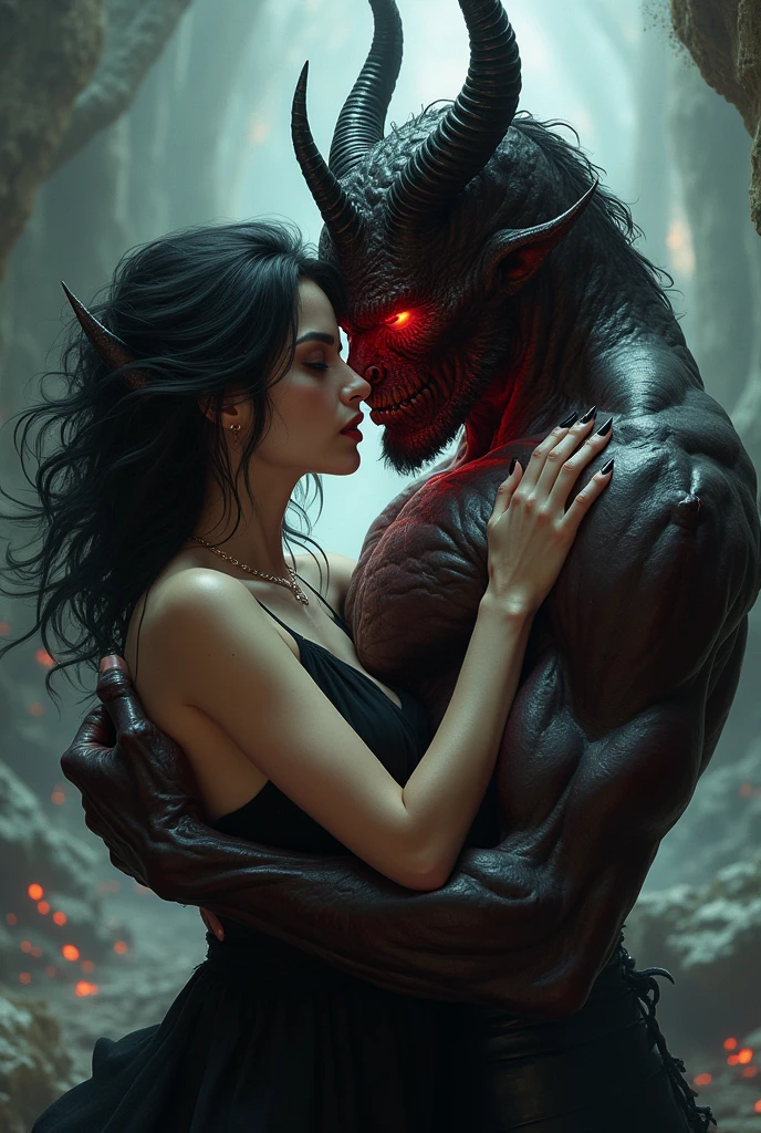 painting of a beautiful woman is carefully hugged by a demon, dark atmosphere, cinematic scene, volumetric lights, ultra realistic, in the style of nicola samori