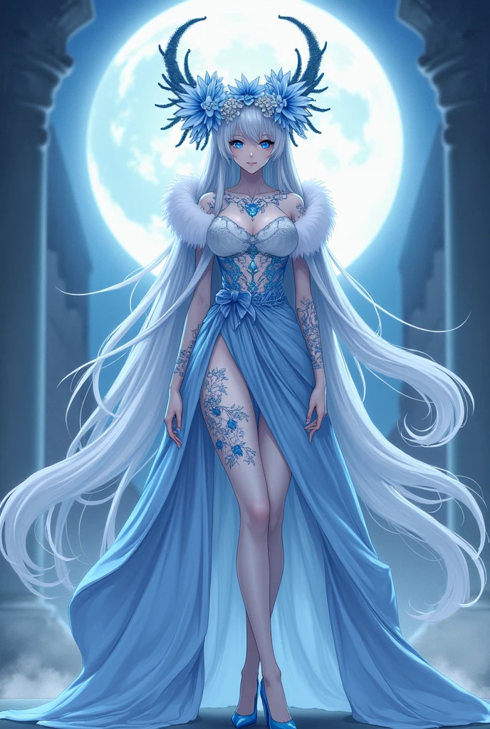 a woman in a silver dress standing in front of a moon, fantasy art style, glowing with silver light, ((a beautiful fantasy empress)), beautiful celestial mage, celestial goddess, goddess of the moon, moon goddess, beautiful and elegant elf queen, 8k high quality detailed art, ethereal beauty, lunar goddess, goddess of galaxies, detailed fantasy art, beautiful fantasy art