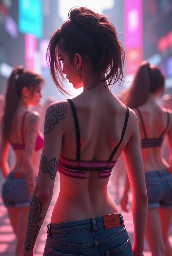 2 sexy women, micro bikini, neon colours, big ass, showing back, hohe details, ultra detailliert, tan skin