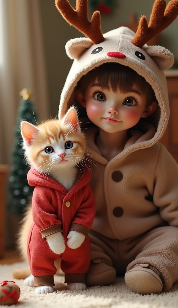Poignant emotion, cutest micro kitten dressed as adorable Tiny Tim from ‘A Christmas Carol’, big glassy eyes, tiny face, short, crutch, tattered clothing & shoes, scarf, newsboy cap, sickly, Dickensian interior, Christmas tree background. Jean-Baptiste Monge, Mary Blair, Craig Davison, Mark Ryden. Chibi kawaii. Sweet dainty face, whiskers, soft detailed fur