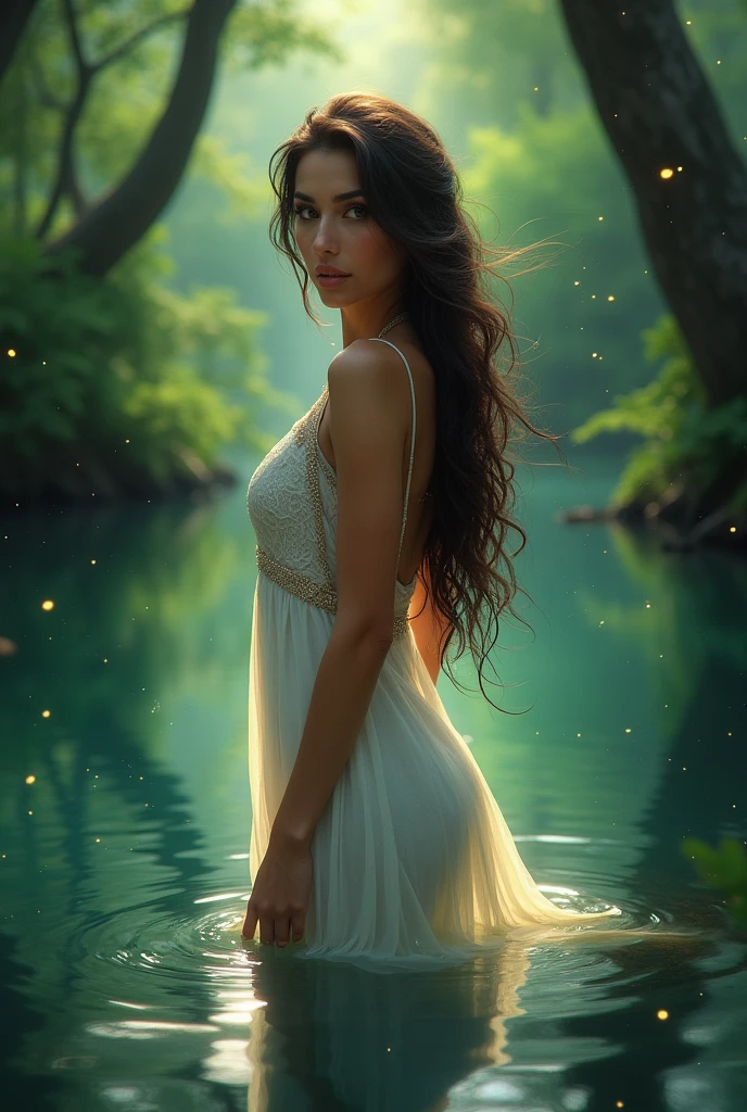 (Obra maestra:1.2), Mejor calidad, (illustration:1.2), (ultra detallado), hiper detalles, (delicado detallado), (detalles intrincados), (cinematic light, Mejor calidad Backlights), Delete line, solista, Cuerpo perfecto, (1 chica),Visualize an (((otherworldly water spirit enchantress))) with flowing, (((long hair))), ethereally emanating a soft, glowing aura that fills a (((serene, still lake))), capturing a sense of mystery and misty wonder., (constituir), alto contraste, (mejor iluminacion, un extremadamente creado y hermoso), (cinematic light), vistoso,