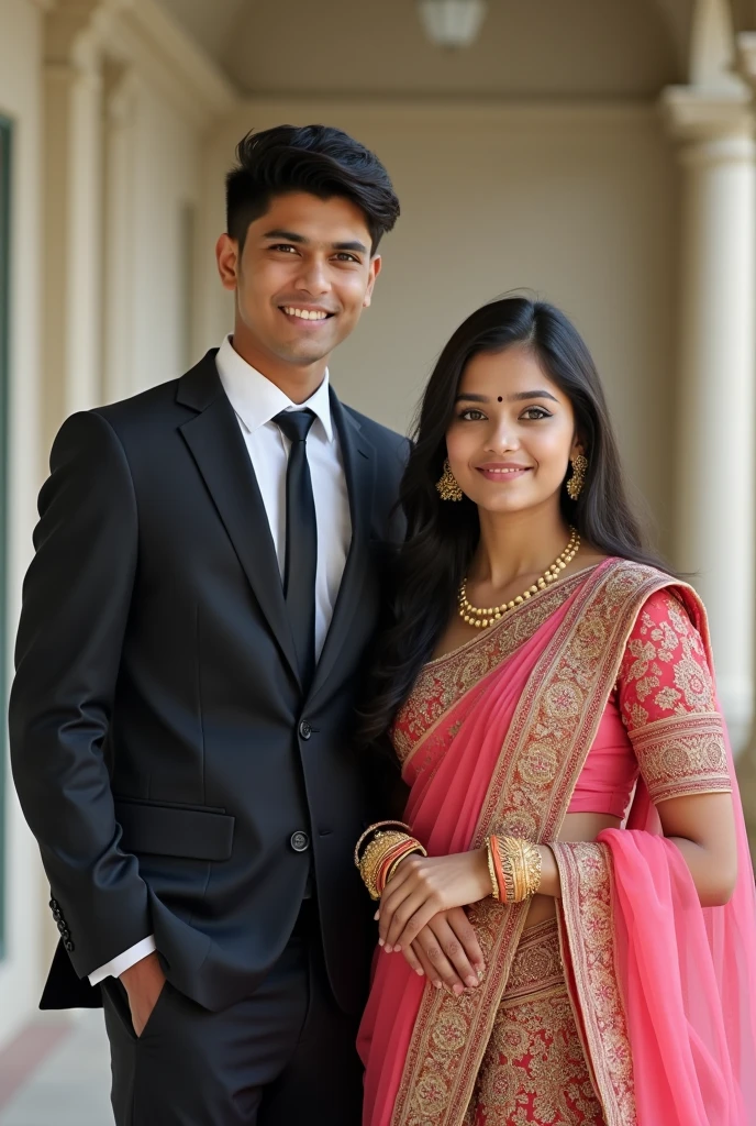 25 year old Indian man with short black hair in a business suit, shaved, with bride, portrait, looking directly at the camera, headshot, professional photo, corporate portrait, professional profile picture, headshot photograph