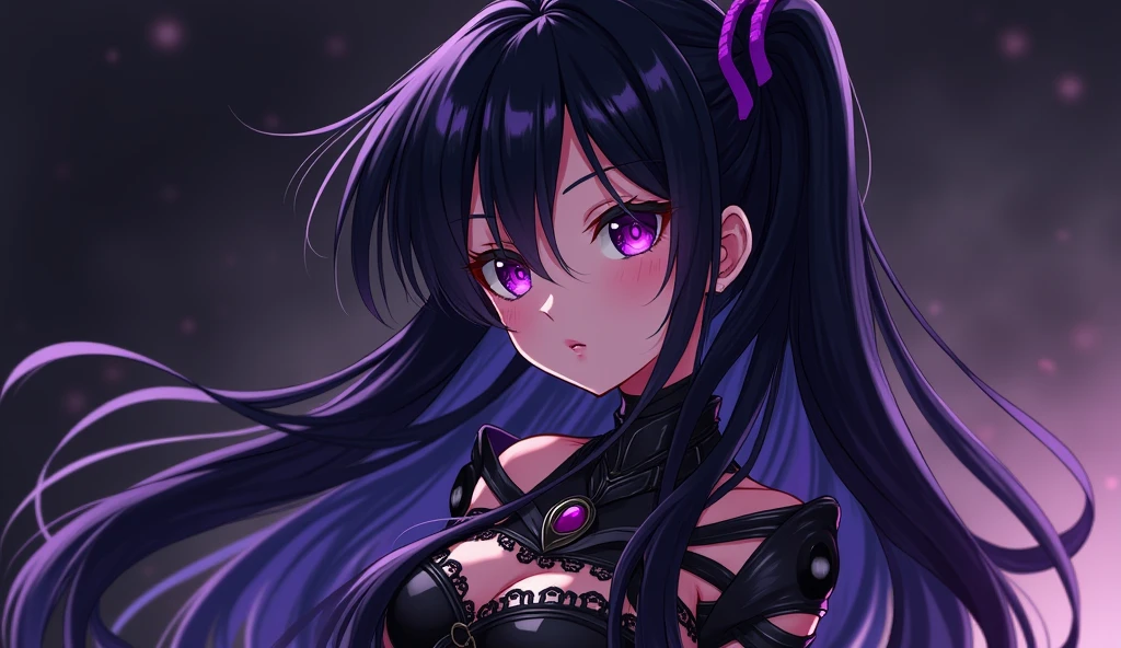Black long hair glowing purple eyes glowing galaxy cat ears wearing purple galaxy printed bikini