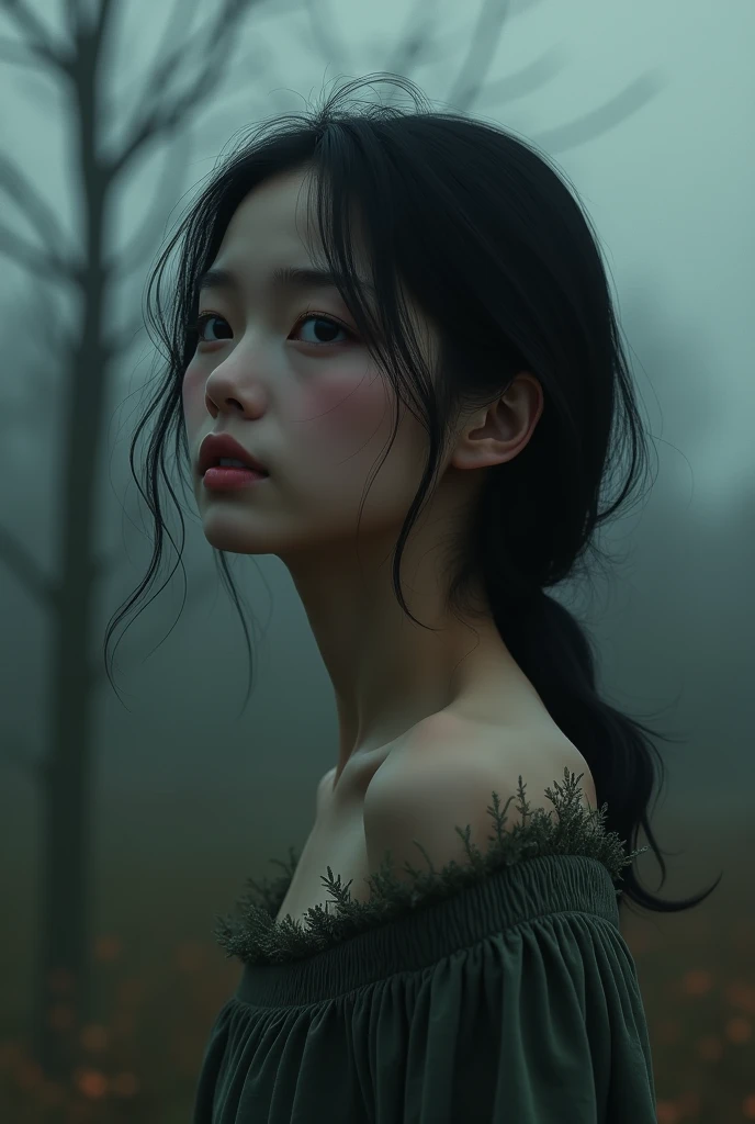 In a vast forest under the moonlight, a beautiful nymph swimming in the pond surrounded by a thick forest and high mountain, detailed face, detailed skin, detailed texture, detailed environment