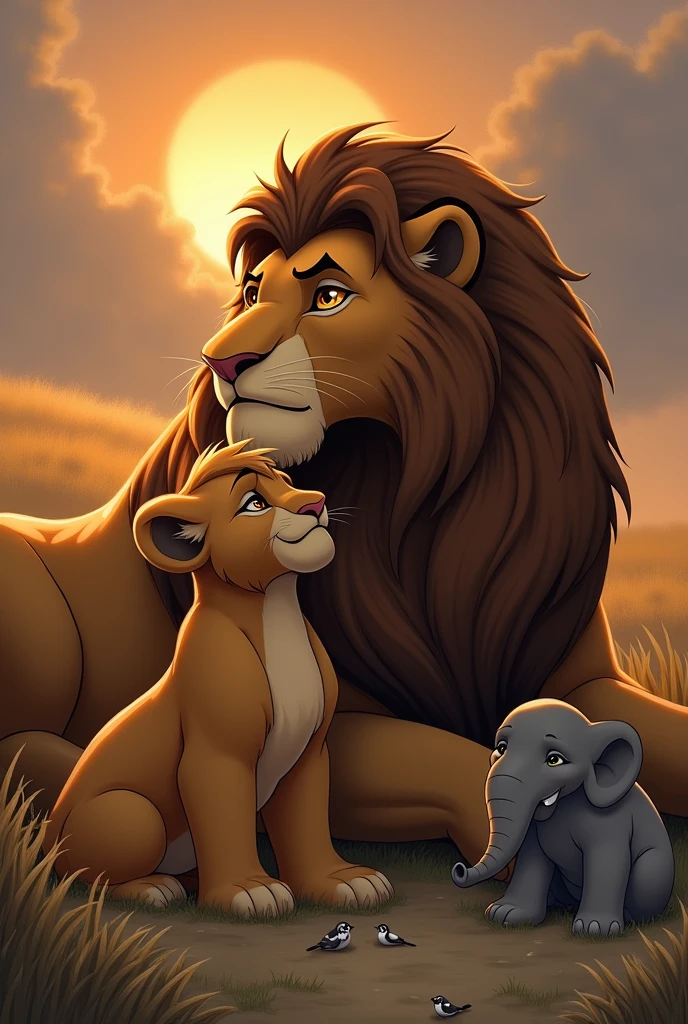 Create an 8k high-resolution, hyper-realistic image of a majestic lion gazing at the sky during sunrise, with its cub standing beside it. The scene should include the following elements:
Lion and Cub:
Lion: Depict the adult lion as strong and regal, with a thick, flowing mane. The lion should have a calm, reflective expression as it looks toward the rising sun.
Cub: The cub should be positioned close to the lion, looking up at the sky with curiosity. The cub’s fur should be soft and slightly tousled, emphasizing its youth and innocence. The bond between the two should be evident, with the cub positioned close to the lion's side.
Sunrise Sky:
Sky: The sky should be painted with the warm, vibrant colors of dawn—shades of orange, pink, and gold. The sun should be just above the horizon, casting long, golden rays that illuminate the scene and create a serene, almost magical atmosphere.
Lighting: The warm light of the rising sun should softly illuminate the lion and cub, highlighting the textures of their fur and the contours of their bodies.
Environment:
Landscape: The scene should be set in a natural environment, such as a grassy plain or a rocky outcrop. The ground should have subtle details like dewdrops on the grass, softly reflecting the morning light.
Foreground/Background: The landscape should blend seamlessly with the sky, with the morning light casting gentle shadows and adding depth to the scene. The overall environment should feel expansive and peaceful.
Atmosphere:
The atmosphere should evoke a sense of tranquility and warmth, capturing the beauty of the dawn and the bond between the lion and its cub. The soft morning light should enhance the realism and emotional impact of the scene.
Additional Details:
Focus on intricate details such as the texture of the lion’s mane, the softness of the cub’s fur, and the subtle glow of the sunrise on their bodies. The interplay of light and shadow should be natural and lifelike, adding depth and realism to the imag