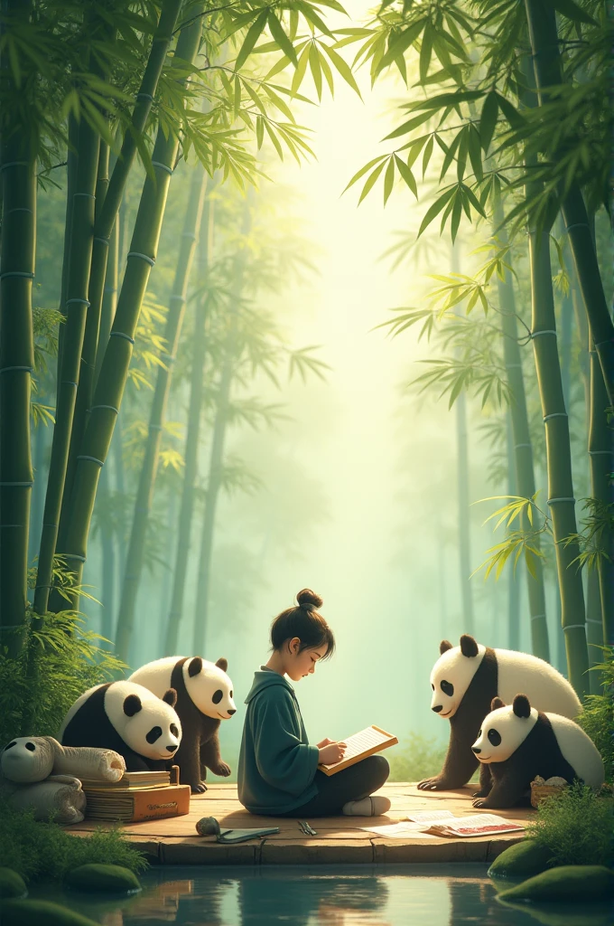An image showing a girl sharing bamboo with a group of adorable pandas. A cena se passa em uma floresta de bambu, onde a menina e os pandas interagem com delicadeza e deleite. The image embodies a sense of harmony and conservation.