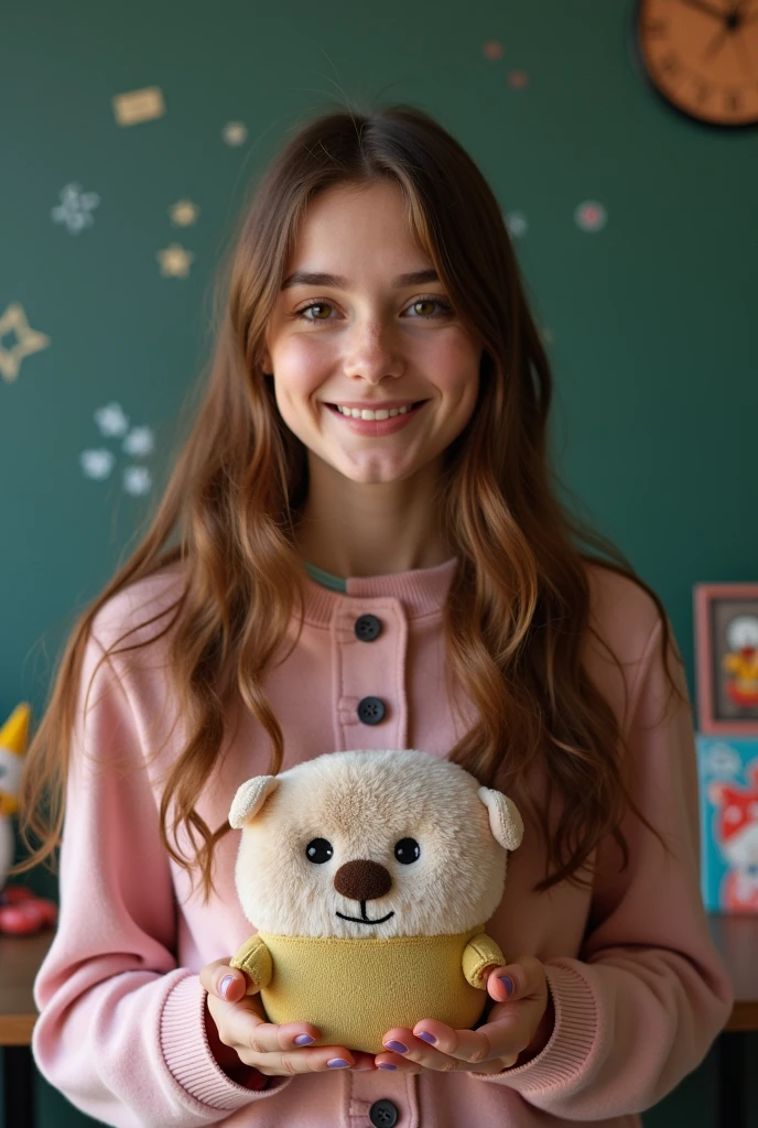 girl, 5 years old, with long brown hair, standing with a toy bear in her hands, in a beautiful pale pink dress on a white background beautiful cinematic 8K realistic 3d