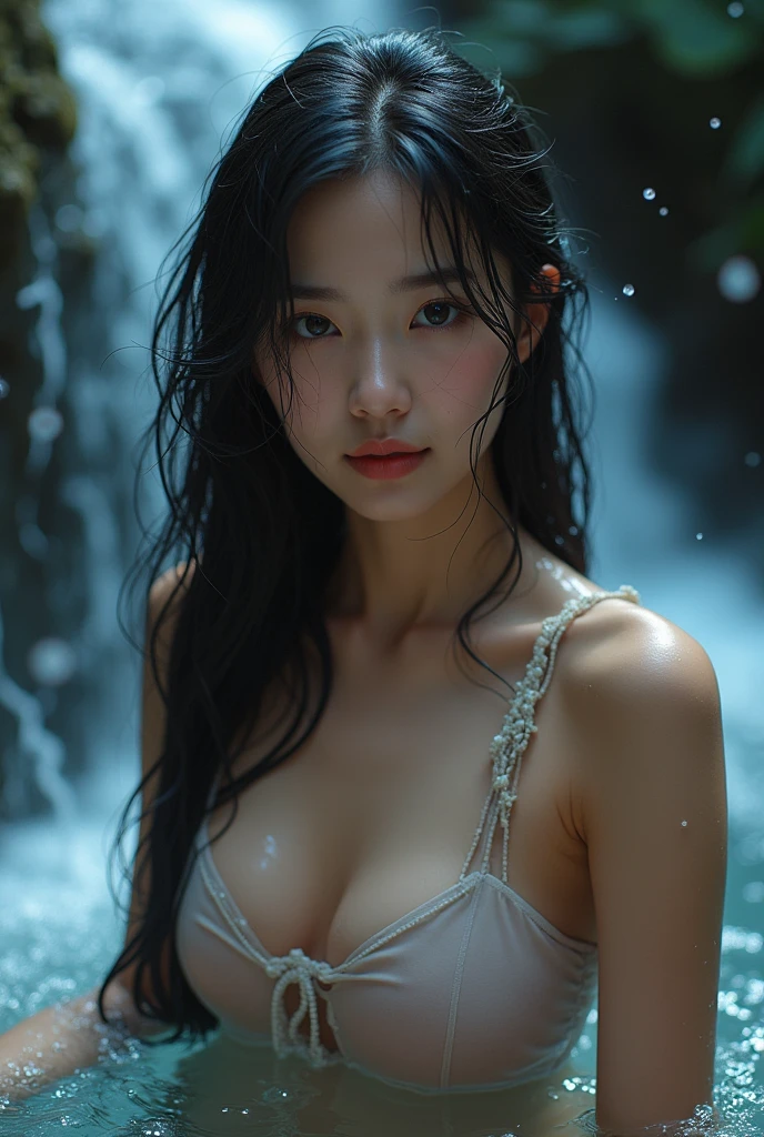 ((top quality, 8k, masterpiece: 1.3)), women (taking a night hot spring in a sheer shirt), sweating, sweating on chest, outdoors, background forest, overhead camera, sharp focus: 1.2, cute women: 1.4, ((light hair color, long hair)), (white shirt), very detailed face and skin and hair texture, knotted black hair, wet texture hair, wet body, detailed eyes, Double eyelids, white skin, beautiful legs, beautiful delicate nose, cute young Japan woman, 28 years old, with dynamic angles, it is pleasing to the eye and suggestive composition, while emphasizing the subject's hair, eyes, mouth and action, while exuding melancholy emotions characterized by a contrasting mix of calm tones and light and shadow.