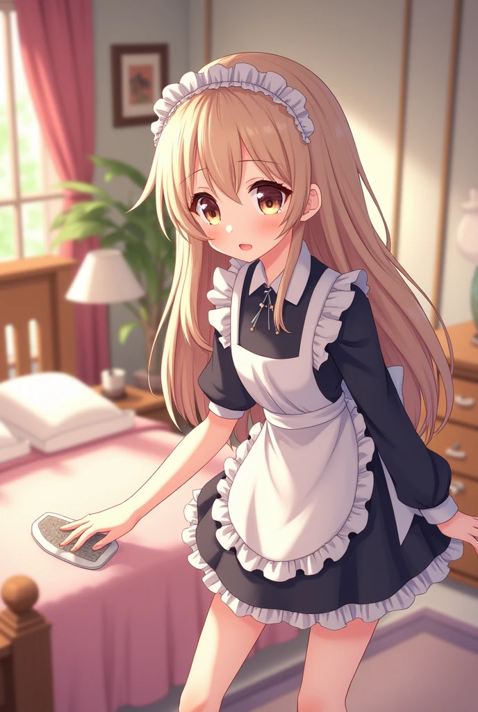 score_9, score_8_up, score_7_up,
kneeling, shy face, eyes level,
best quality, masterpiece, cozy room,
professional photo, high key light, hard shadow, soft bokeh,
masha_ane, brown eyes, brown hair, hair flower, long hair, ahoge, 
lovelybear_maid_outfit, looking at viewer, minimal diamonds jewelry with a necklace,
<lora:hinaAlyaMashaYuki_wifu_rev2:1>
<lora:hinaMaidOutfitLovelybear_rev2:1.2>