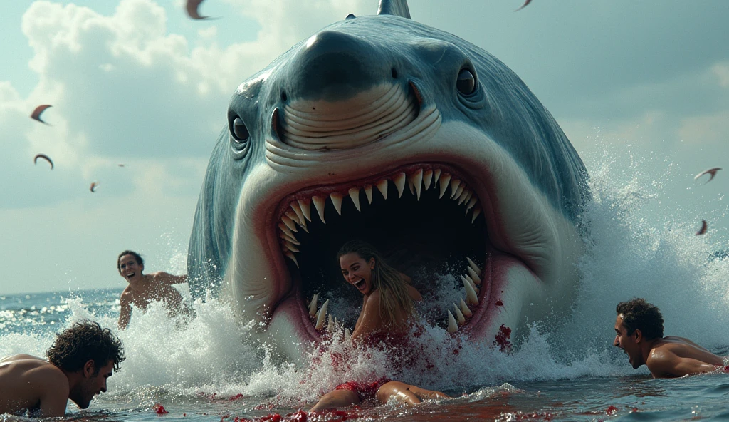 We need such an image in which a bluewell has taken the human body in its mouth and that person is screaming loudly for help highlighted sunlight