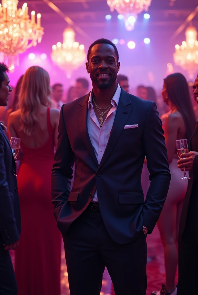 Realistic masterpiece by Marcus Johnson, 3 men elegant young African-American man, surrounded by guests at a charity gala in a luxury hotel. Dressed in a tailored tuxedo that subtly hugs his athletic figure, he stands out in a crowd. 3 woman with dresses on classy elegant The soft light highlights his golden complexion and hazel eyes, while he engages in conversation with charm and ease. His warm smile and attentive listening make him the center of attention, reflecting his ease in social interactions and his appreciation for enriching encounters.