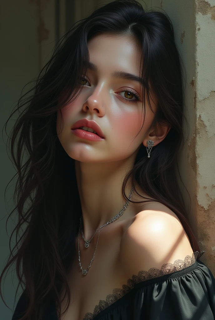 (high quality, realistic), naked lithe girl, beautiful eyes, long flowing hair, soft skin, sensual lips, graceful pose, seductive gaze, vibrant colors, gentle lighting, oil painting style, black hair
