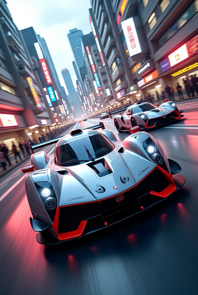 A sleek and aerodynamic wheelless racing car of the future speeding through a magnetic road racing track, effortlessly levitating above the ground, with a vibrant backdrop of futuristic cityscape and neon lights, creating a sense of high-speed motion, captured in a stunning high-resolution photograph using a wide-angle lens,