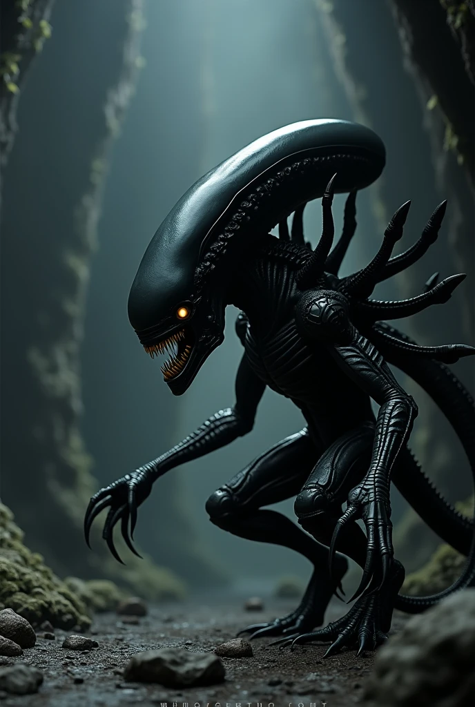 The Queen Xenomorph, from the "Alien" franchise, is a larger, more powerful version of the standard Xenomorph. She typically stands around 15 feet tall and is characterized by a large, elongated head crest that gives her a regal, intimidating appearance. Her body is muscular with two pairs of arms: the upper set is larger and more robust, while the lower set is smaller and used for more delicate tasks. The Queen has a long, spear-tipped tail and a specialized ovipositor for laying eggs, often attaching herself to a fixed location to lay eggs continuously. As the leader of the Xenomorph hive, she is highly intelligent and strategic, fiercely protecting her offspring and exhibiting aggressive behavior when threatened. Her exoskeleton is typically dark, with a shiny, biomechanical look, making her one of the most iconic and fearsome creatures in science fiction.With huge tits and ass. She is on her back with her ass in the foreground