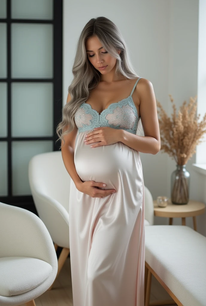 a beautiful model , pregnant in a beautiful long dress, pregnancy dress