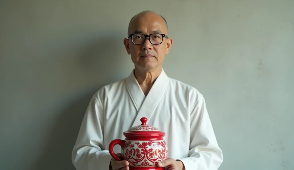 bald man, offwhite, holding a bottle of soybean oil
