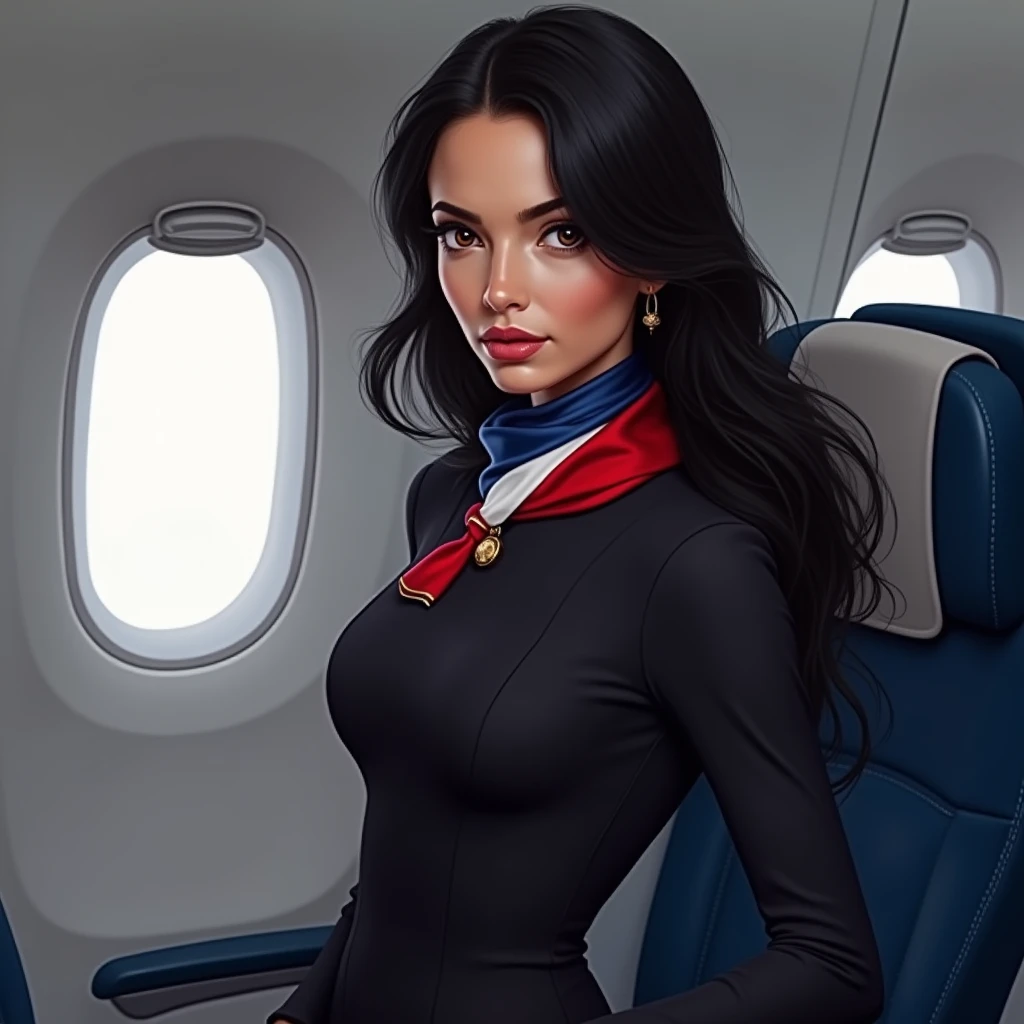 ameliacooke-2955, ((detailed skin, detailed face):1.2), ((detailed eyes, beautiful eyes):1.2), ((red lipstick, eyeliner, eye shadow, blush)), , photo of a woman, ((stewardess outfit, jacket, skirt, neckerchief, shirt, in an airplane, seats, windows))