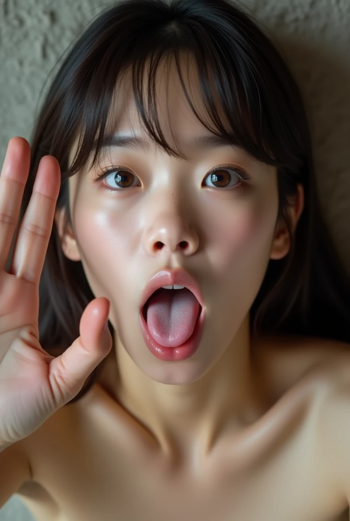 (Realism), Live-Action, Real, sensual facial expression, mouth open, (masterpiece), Super-detailed textures, Professional photo,Mouth open, white milk In mouth,(((No Cartoon))), loli, girl, brown eyes, completely nude, naked, one hand up, (OK sign:1.2), out tongue, prostration, kneeling, one hands on floor, flat chest, pussy, from above, classroom, looking at viewer, editing
