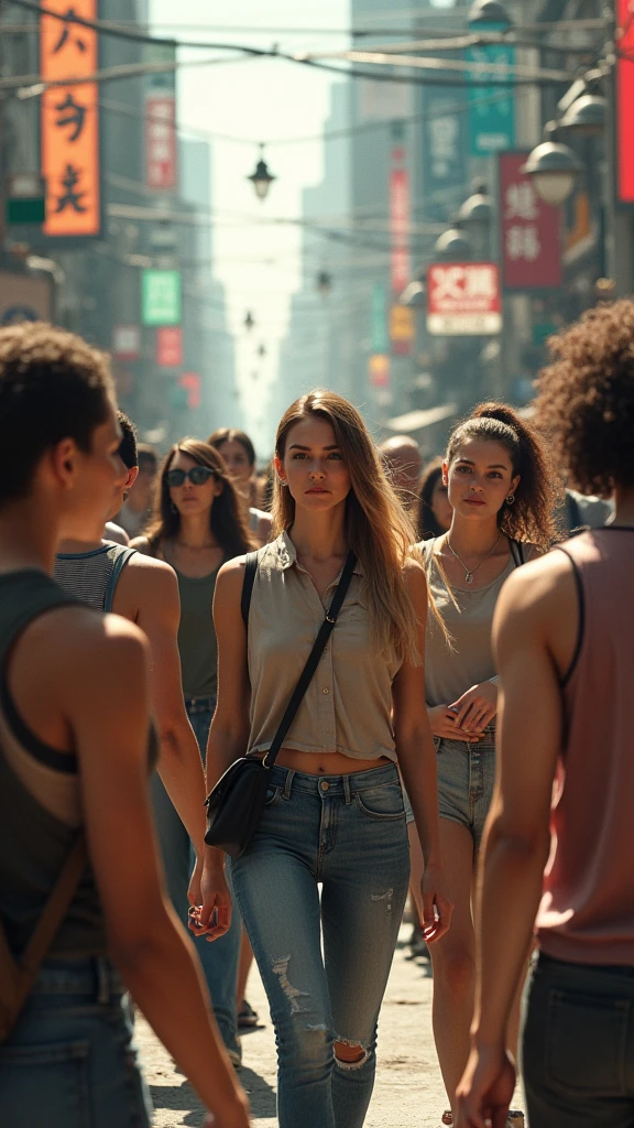 A movie-like photo of a teenage girl in skater fashion and her male and female friends. Everyone is wearing a tank top.