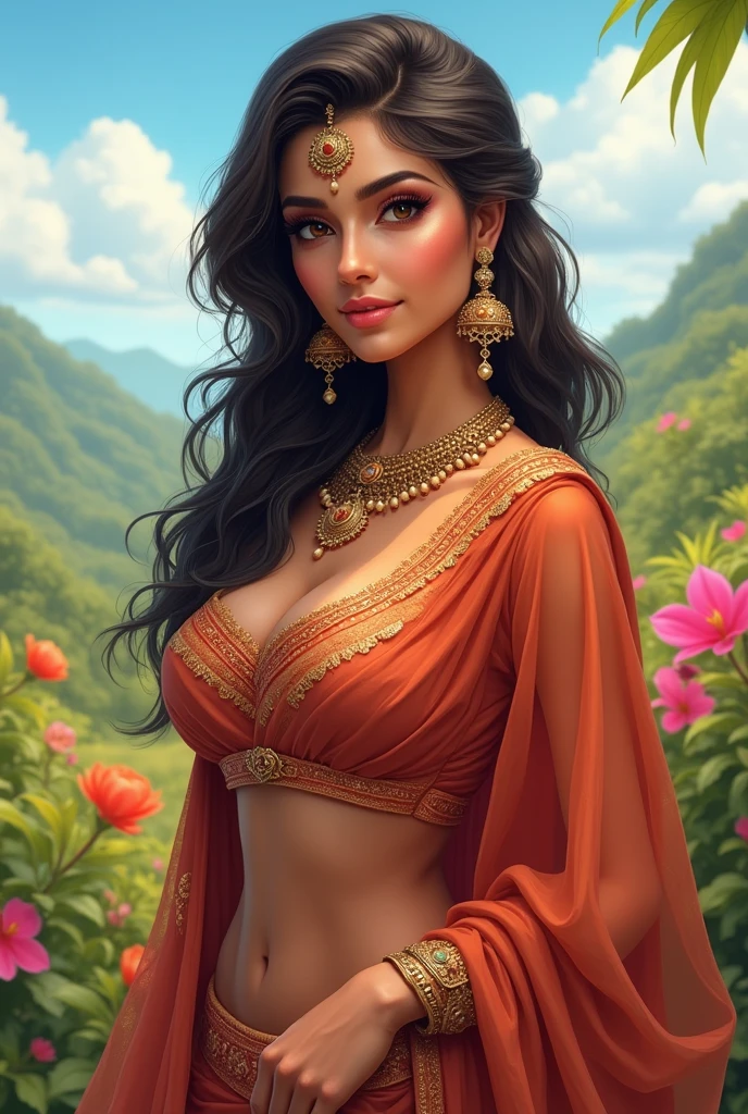((realistic:1.5)),((best quality)), ((masterpiece)),((detailed)),
(1girl), (a beautiful female),
(upper body:1.3),super-wide-angle lens,face focus,
mature,sexy,toned muscles,long legs,curvy, barefoot, cleavage,thick thighs,wide hips,
green eyes,long hair,floting hair,long eyelashes,
(detailed face,beautiful eye, detailed pupilss,detailed clothes features, clear background:1.3),
(Bindi,Jhumkas:1.3),
(Dress,Armlet, Haar, Payal,Maang Tikka,Jhumkas,Kamarband,Bangles:1.3),
mysterious ancient ruin, lush forests, deep canyons,bridge,river,cliff,cloud, lakes,rock,waterfalls, flowers, grass, fog,vine,tree, smoke,
best shadow,bright details,sharp,perfect composistion,
Intricate, Sharp focus, dramatic,
(specular lighting:1.3),rim light,
photorealistic painting art,by Frank Frazetta,by Julie Bell,by Olivia De Berardinis,by Luis Royo,by boris vallejo,