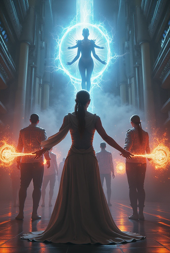 A young futuristic female sorcerer with a glowing floating small crystal stone, releasing mysterial spell and magical power, facing and defeating dark forces and beings. She stands with her right hand raised forward with a blue fire of light, at night, (1girl, solo, alone), photorealistic, large-breast slim:0.6 body, oval:0.5 face, cleavage:1.1, very low angle view of pleated miniskirt, deep-v, (upskirt), glove, (Matrix style black micro sunglasses), dynamic running pose, (half-body thigh level close-up shot), cinematic lighting, ray tracing, motion blur background.