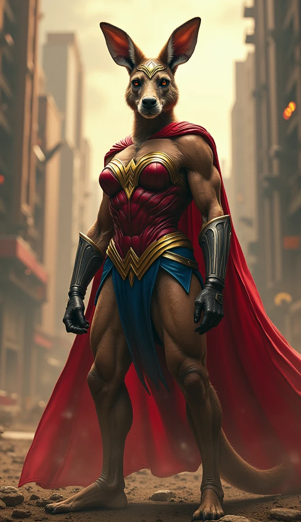Subject: 1 Solo Female Drow Elf Physical Description: Purple Skin Long White Hair Strong Body with Abs Shiny Skin (Ultra Quality) Attire: Yellow Tiger Bikini (underneath) Red Cape (flowing) Pose: Standing Pose Background: Cinematic Street Scene (Atmospheric, 8K) Additional Notes: Red sunglasses