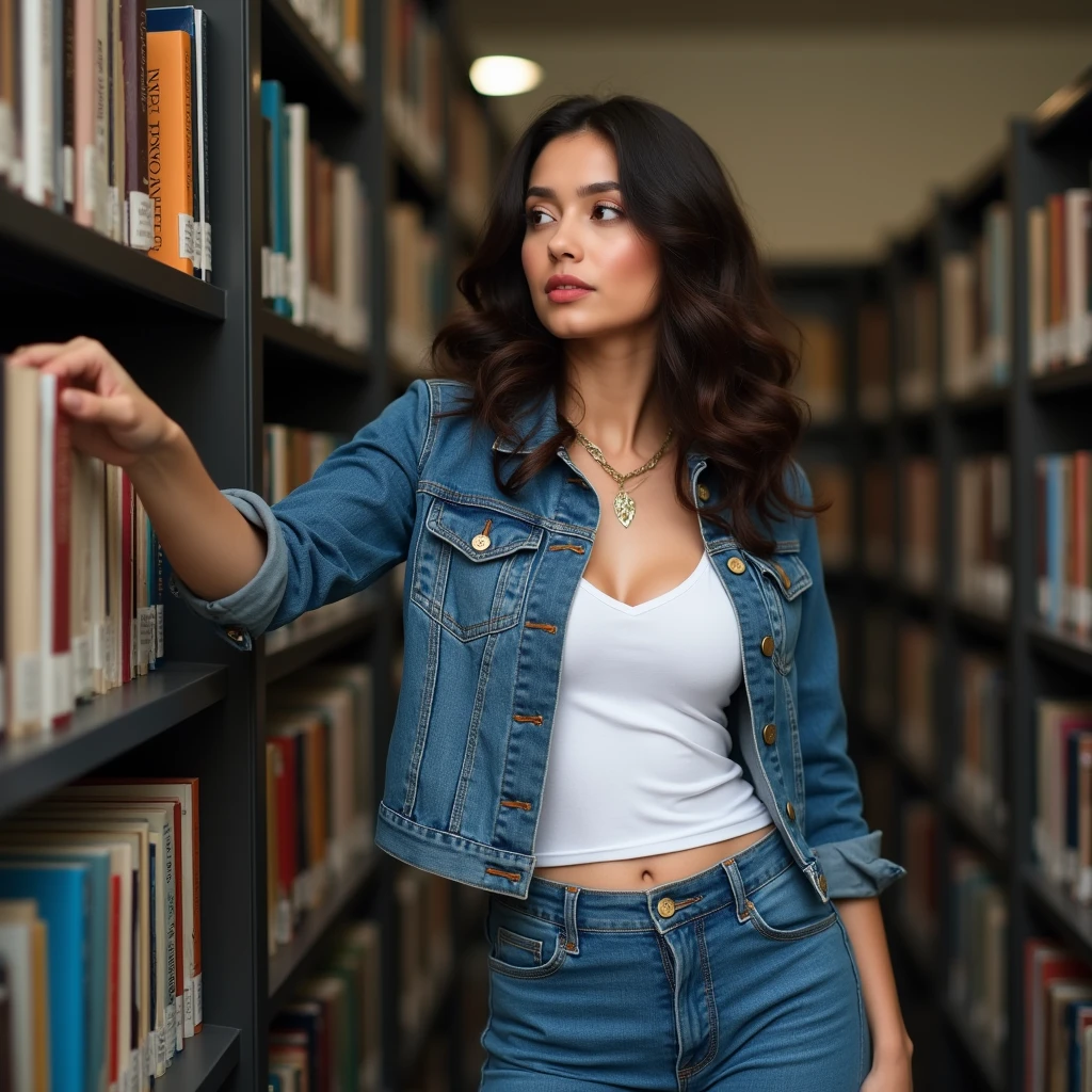 a woman wearing shirt and jeans, library, (bounced lighting:0.5) <lora:fic-Daisy:0.8>