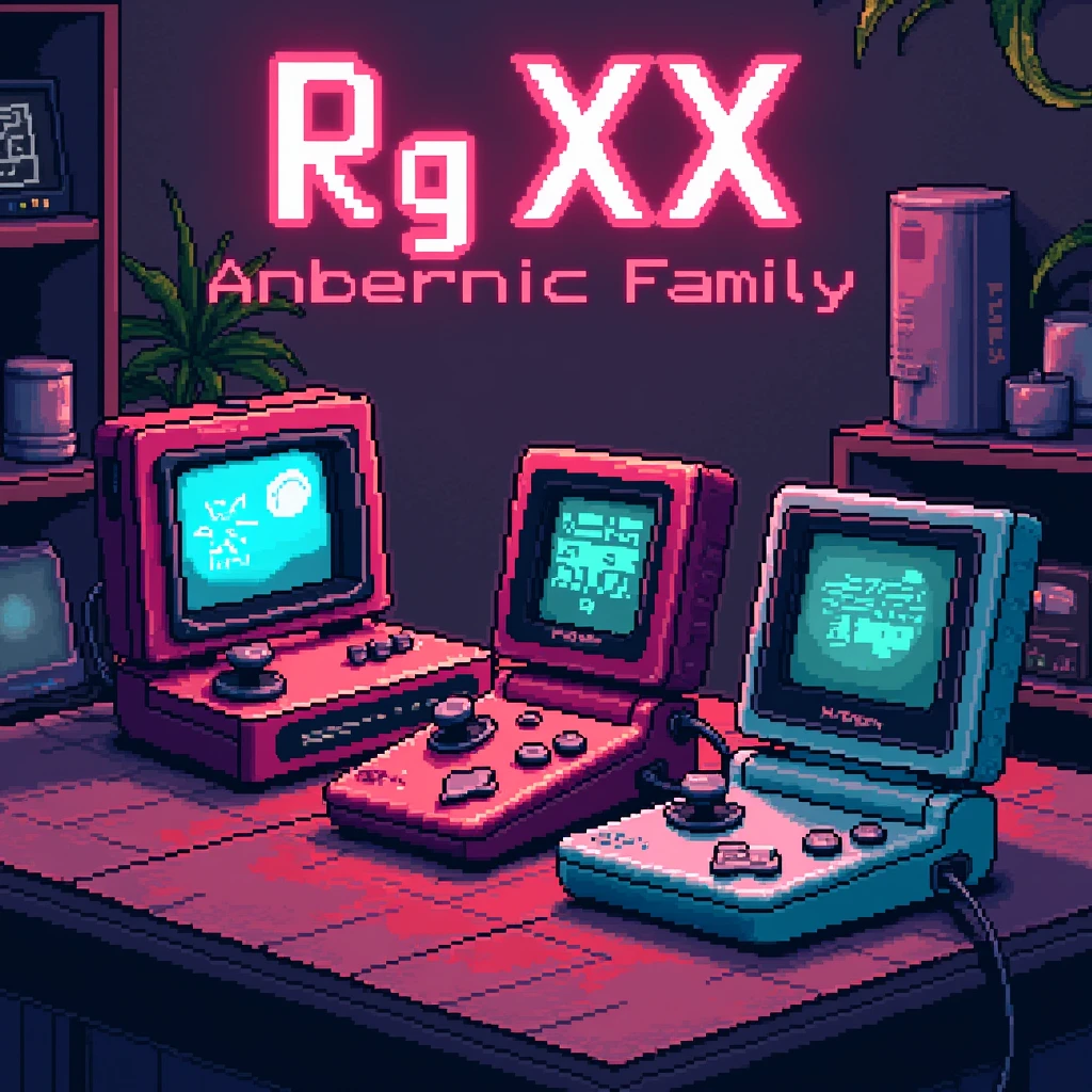  pixelart style. Retro image depicting a family of portable consoles .  80s style image . Neon colors . text "RG XX Anbernic family " of title.  Showing a lot of portable consoles on a colorful desktop table background. without people.  Like a logo for a group .