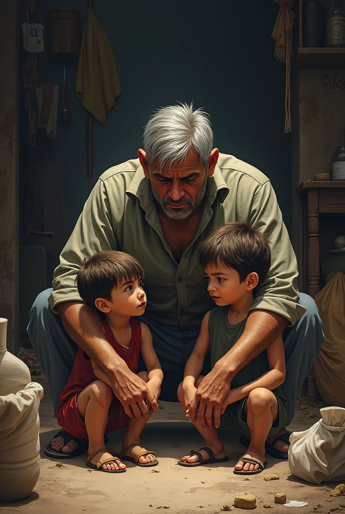 A father is sitting on a wooden chair with a boy, poor village and poor room