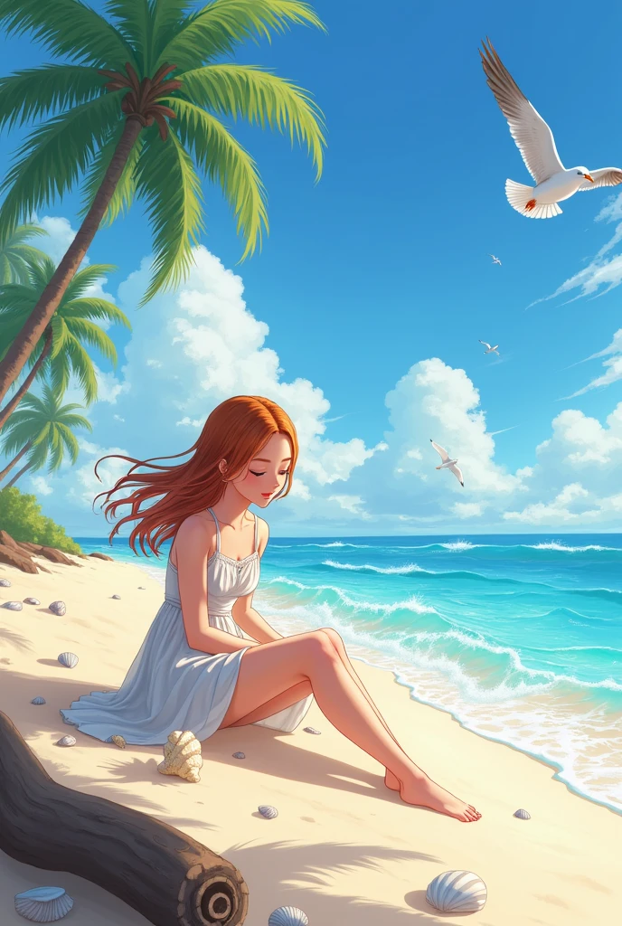 (ultra-detailed, best quality, masterpiece), beach, tropical, sunset, glowing, dynamic waves, (1girl), bikini, long hair, (sunglasses:1.3), (sand castle:0.9), palm trees, (seagulls:1.2), (sea turtle:1.2), (coral reef:1.3)
