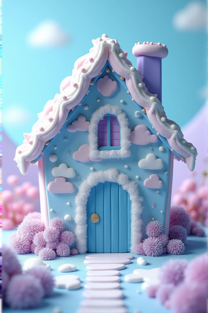 A light blue and violet gingerbread house with cloud design