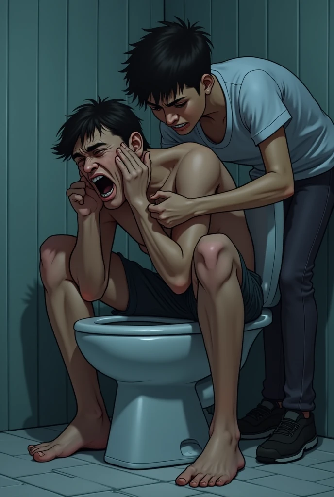pale skin woman get tortured by black man in bathroom full body