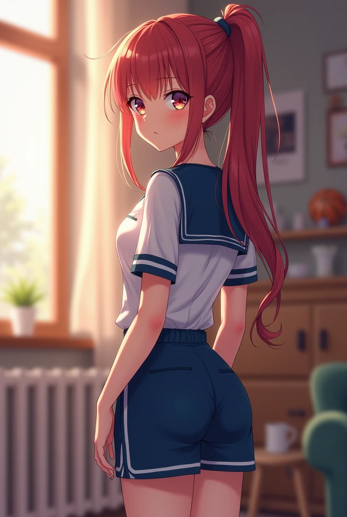 room, 1 Girl, Highest quality, Ultra-high resolution, Long Hair, Redhead, Green Eyes,Looking at the audience, Small breasts , smile, Open your mouth、(Navy blue cuffs and white short-sleeved gym uniform)、(Navy Blue Bloomers)、(
barefoot)、Navy blue socks、Backwards、look back