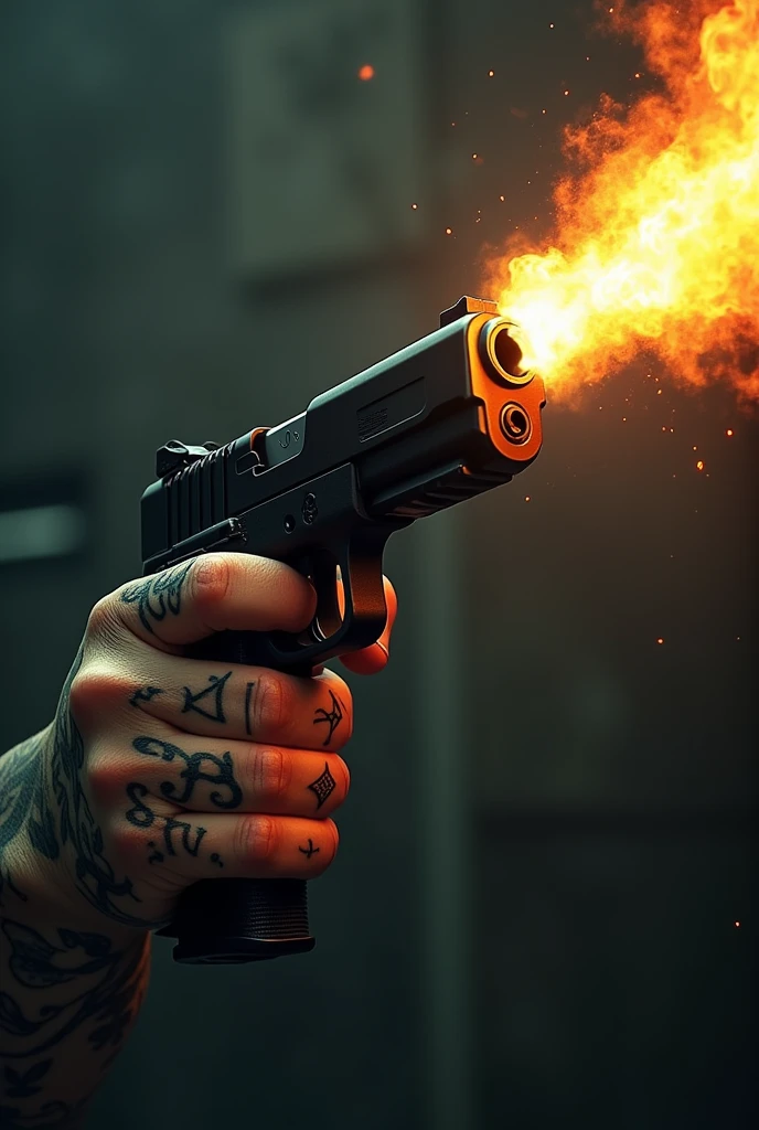 A hand tattooed with 493 holding a gun with fire shooting rhymes