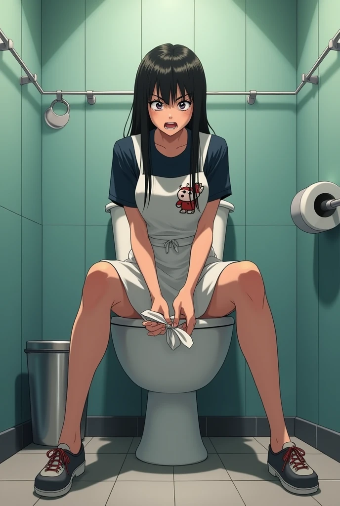 A young and cute Japanese with boyish hair is wearing a 裸で裸で, her hands and feet are tied to chains hanging from the wall, and she is straddling a Western-style toilet, crying her eyes out.明るくして