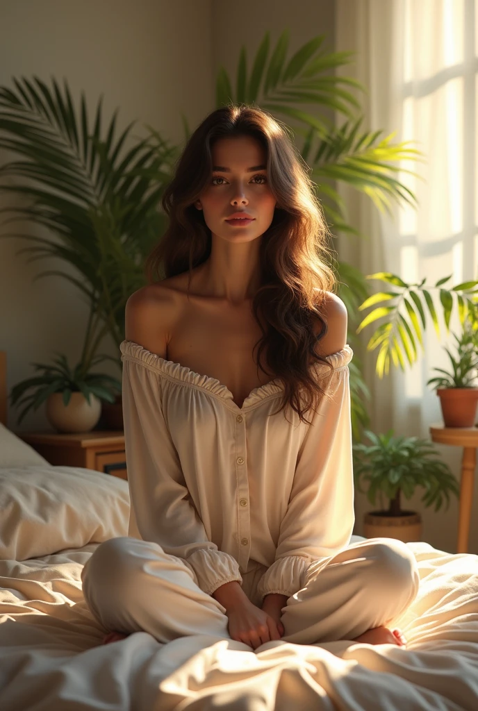 (photorealism:1.2), beautiful woman, sitting on bed, wearing loose off-shoulder top, pajama pants, long curly hair, indoors, soft lighting, plants in background, window with sunlight, cozy room, relaxed pose, realistic, intricate details, warm colors, by Greg Rutkowski, by Alphonse Mucha