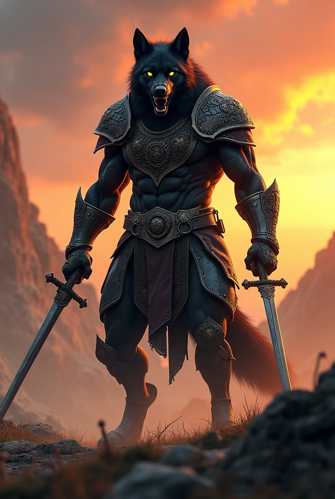 In the heart of an epic fantasy scene, a powerful muscular horseman takes center stage. His extremely detailed face, etched with lines of age and wisdom, is a study in chiseled perfection. Piercing eyes, filled with an unyielding spirit, gaze into the distance, reflecting the fire and resolve of the ancient Greek warrior he embodies. Clad in battle armor of unparalleled intricacy, every rivet and plate shines, a testament to the master craftsmen of times past. The armor, draped in black robes, is adorned with a golden laurel wreath crown, symbolizing his victory and honor in the face of adversity.

