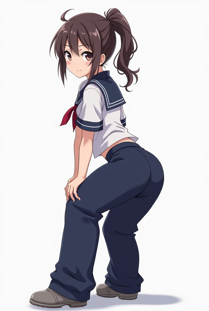 Excited schoolgirl showing her ass in panties with hands on her ass