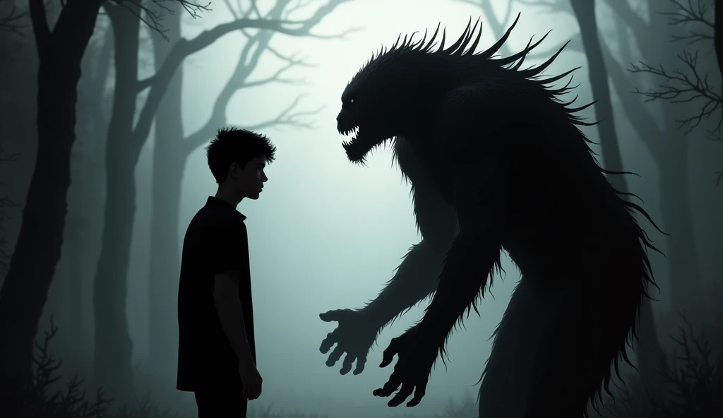 Dark monster, chasing a man, in a dark forest