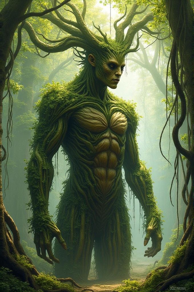 Humanoids with bark skin and hair made of moss and leaves, The Terithen are deeply connected to the earth and plants. Their limbs are strong and covered in thorny vines that they can use to defend themselves.. His eyes shine with a deep green and his voice is a whisper reminiscent of the rustling of leaves..
