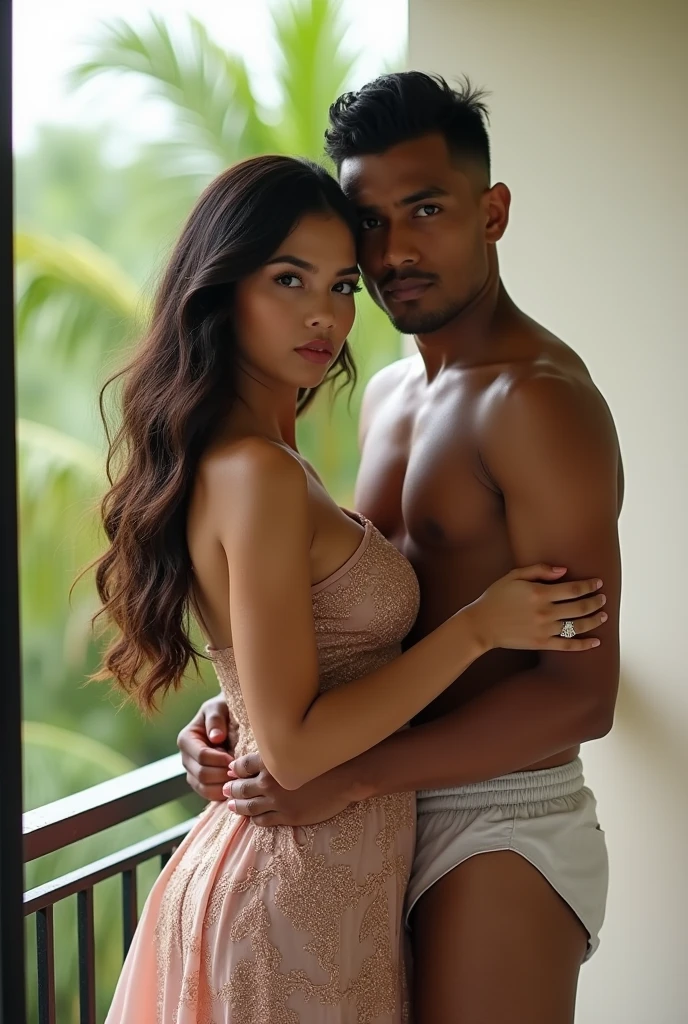 a beautiful couple, a woman with argentine features and pale skin, a very handsome man with dark skin, interracial couple, woman looking at camera and smiling, couple in romantic room setting, dramatic lighting, cinematic atmosphere, high quality, hyper realistic, photorealistic, masterpiece, 8k, ultra detailed, sharp focus, physically based rendering, vibrant colors, dramatic lighting, intimate moment, romantic, tender, beautiful skin tones, stunning eyes, captivating expressions
