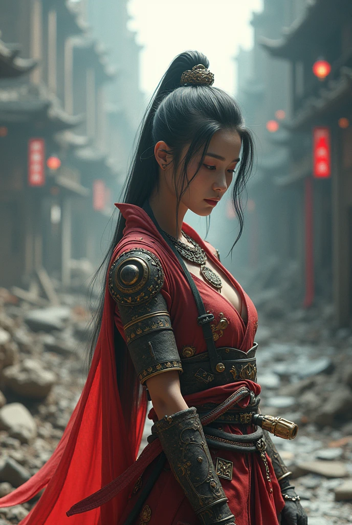 (masterpiece, best quality), ((Photorealistic)) beautiful Asian woman, (scene: side by side with a Chinese dragon in the old city), ((detailed fighting leather gear)), 25-year-old Asian woman with brown skin, perfect body, necklace, ((voluptuous curvaceous perfect body)), black wild hair, perfect face, beautiful face, alluring, gorgeous eyes, fierce, (background; ancient city of Peking)