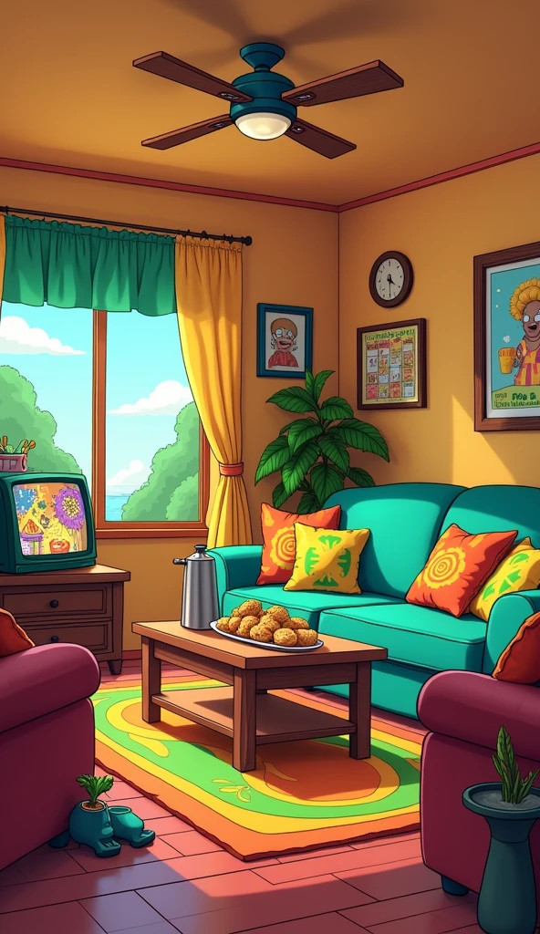 "A vibrant living room illustrated in the signature style of Family Guy, featuring a cozy Brazilian vibe. The room includes a slightly worn couch with bright, patterned cushions, a wooden coffee table holding a thermos of coffee and a plate of pão de queijo, and a small TV playing a colorful variety show. A ceiling fan spins lazily above, and the walls are adorned with quirky family photos and a calendar with a Brazilian festival theme. The overall atmosphere is warm and inviting, with humorous and exaggerated cartoon details in every corner."