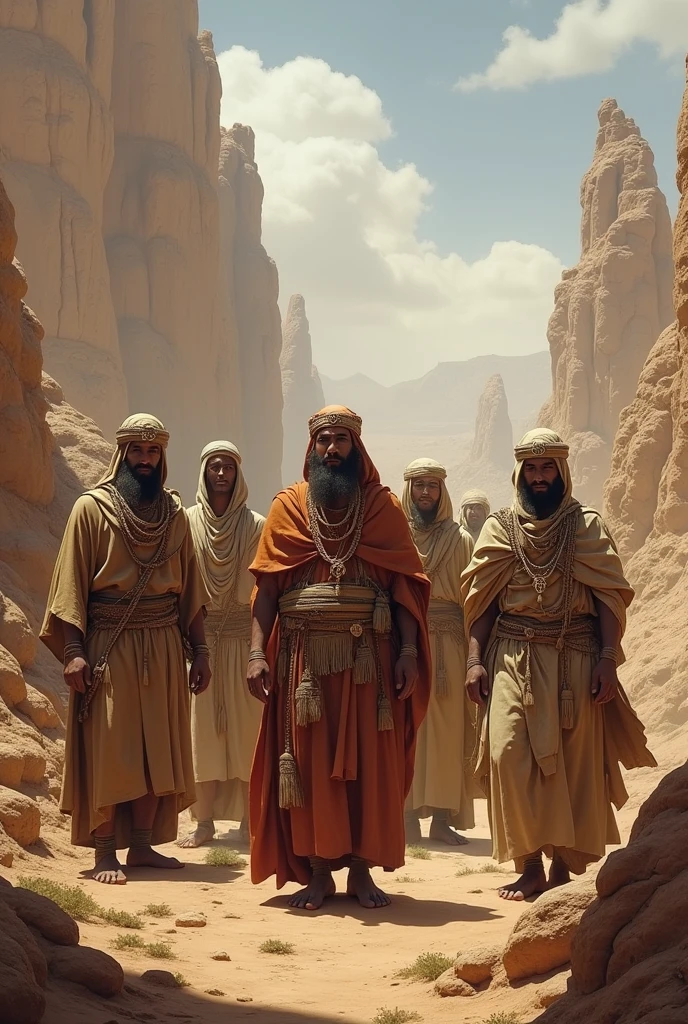 "A solemn and reverent scene showing the Israelites carrying the Ark of the Covenant across a battlefield or on a journey. His face, wrapped in rich fabrics and supported by golden rods, shines with a sacred aura, being carried with great care by priests dressed in ceremonial robes. They walk with firm and respectful steps, as the surrounding crowd watches with a mixture of adoration and anticipation. The sky above is clear and the surroundings are of a barren, desert land., with tents and the landscape in the background. His face está sendo levada à frente de uma marcha triunfante, symbolizing God&#39;s presence and divine leadership in the journey of the people of Israel. The group moves forward with determination, while a group of leaders and soldiers watch the scene with pride and reverence."






