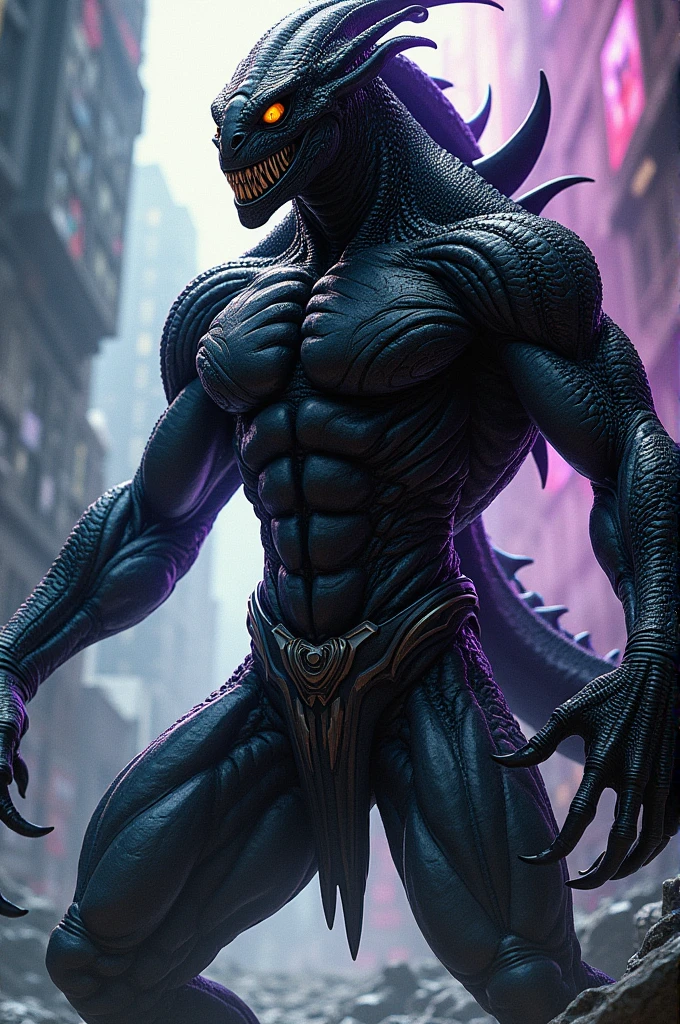 a lizardman, strong and fleshy upper body, muscular, muscular intestine, illustration, (Best Quality, 4k, high resolution, Masterpiece:1.2), ultra detailed, realist, horror, sharp focus, vivid colors, night lighting, lines of movement, Big stomach