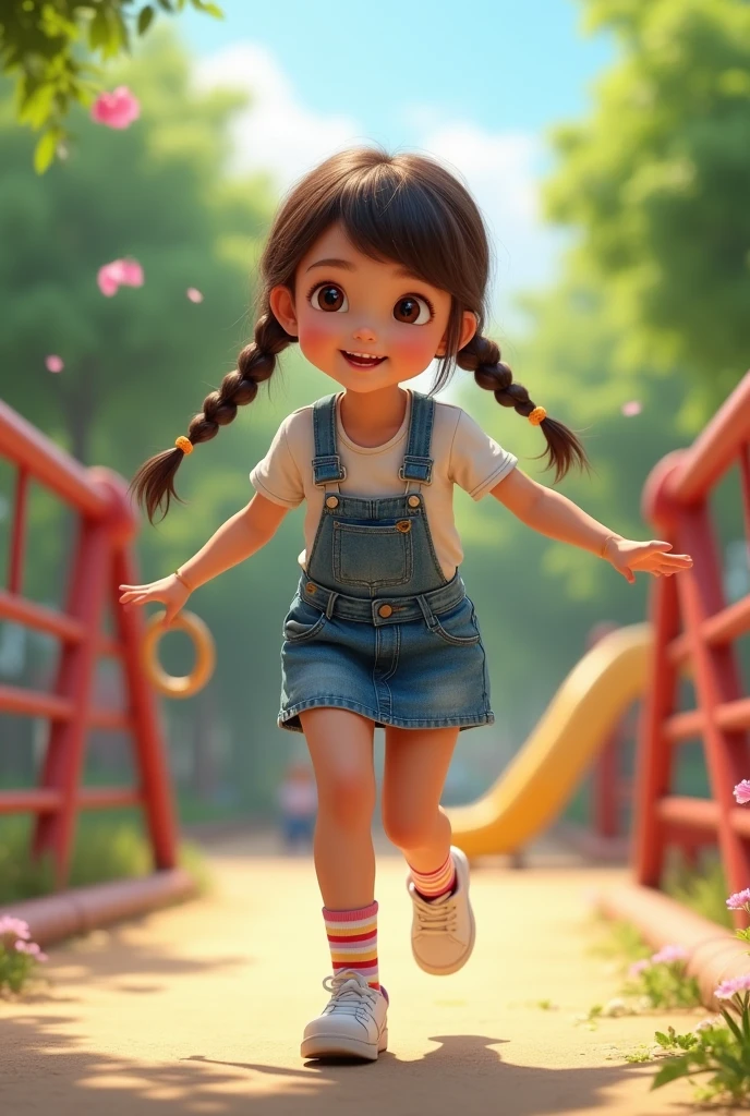 Super cute little man,Round face and round eyes,Round glasses,Two small braids,Yellow suspenders,A solid color with a plane that is highly saturated,Cartoony,Vivid 3:4 Super cute and healing kids,Cute and lively little girl under blue sky,mid - length hair,Laughing,Green meadows,running towards the viewer,roller coasters,facing to audience,Behind it is an amusement park,Cartoon style, Anime from the 1980s,pastelcolor,Fine gloss,4K,ultra - detailed