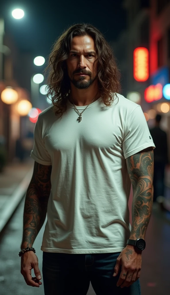 A man's face framed by long hair, a rock performer, a stylish look. Clean, smooth shaven, no defects.