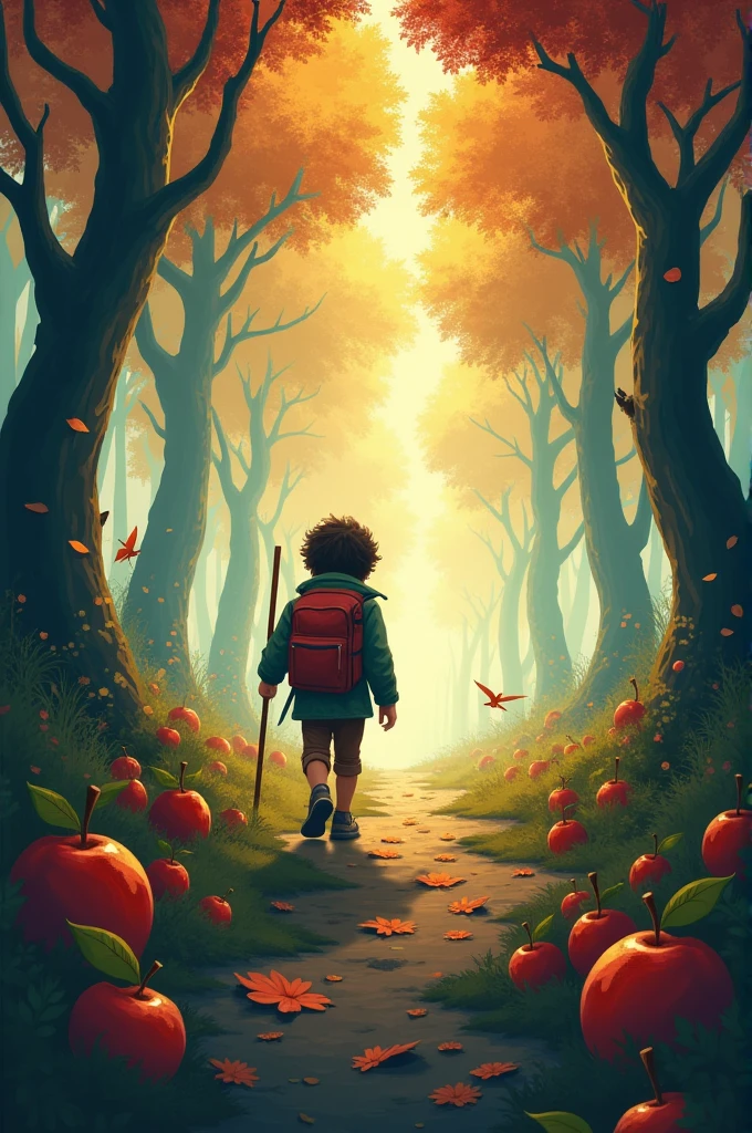 there is a young boy standing under a tree with apples on it, background artwork, stefan koidl inspired, by Adam Marczyński, by László Balogh, novel cover art for a book, childrens art in artstation, art concept for a book cover, magic realism matte painting, rendered art